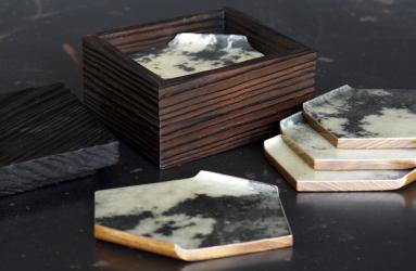 Alexander Lamont parchment coasters and burnt wood box